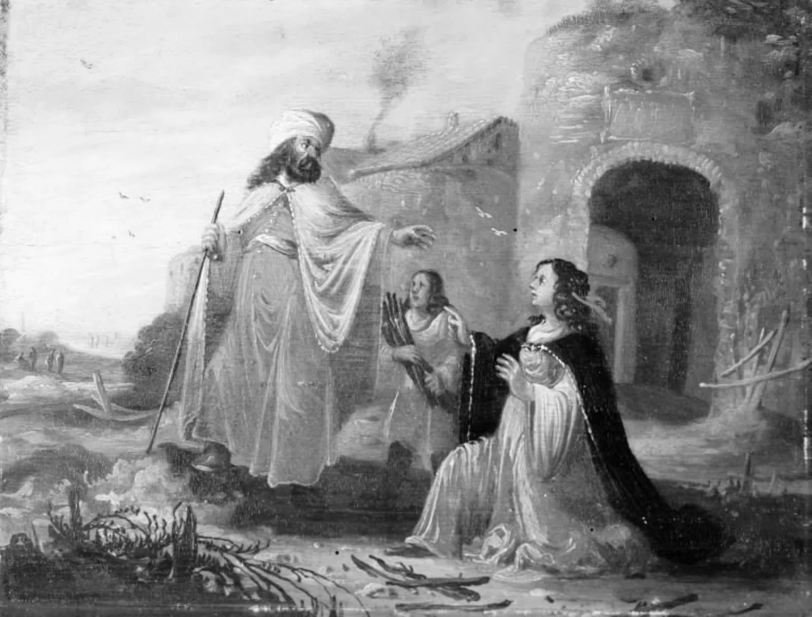 Profeten Elias, i rød kjortel, violet gevandt og hvid turban, taler til den sunamitiske kvinde, by Unknown, 1750