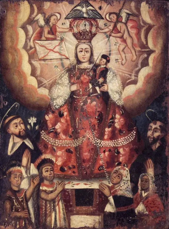 Madonna with Christ Child, St. Dominic, St. Francis, and Indian Worshippers