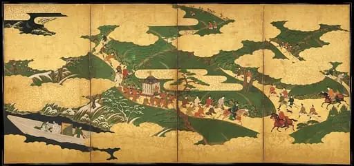 源氏物語図屏風「御幸」・「浮船」・「関谷」|“An Imperial Excursion” (Miyuki), “A Boat Cast Adrift” (Ukifune), and “The Barrier Gate” (Sekiya)