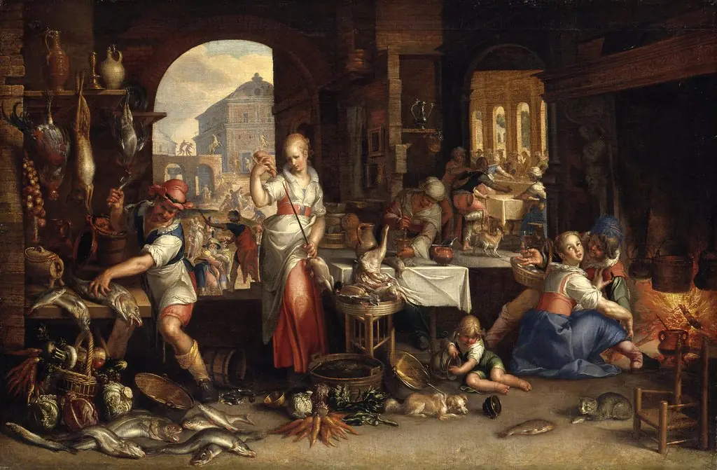Kitchen interior with the parable of the great supper (Luke 14:12-24)