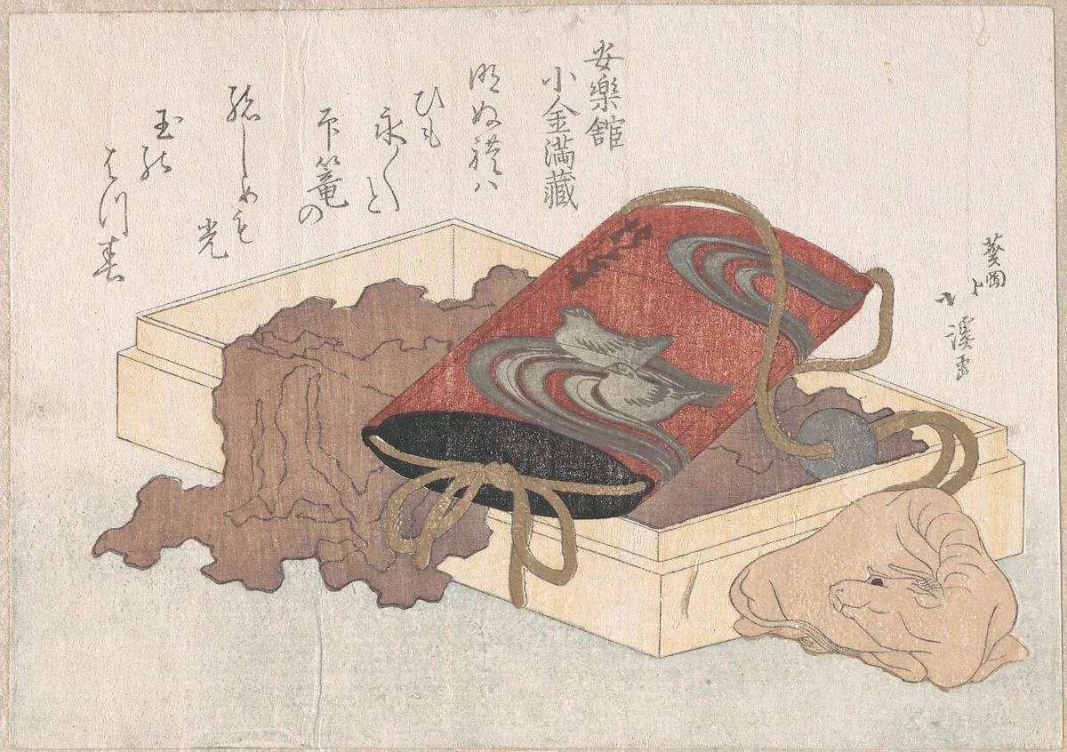 印籠と牛根付『春雨集』　摺物帖|Lacquer Inrō with Waterbirds and Ox-shaped Netsuke in a BoxFrom the Spring Rain Collection (Harusame shū), vol. 3, by Totoya Hokkei, ink, 1817
