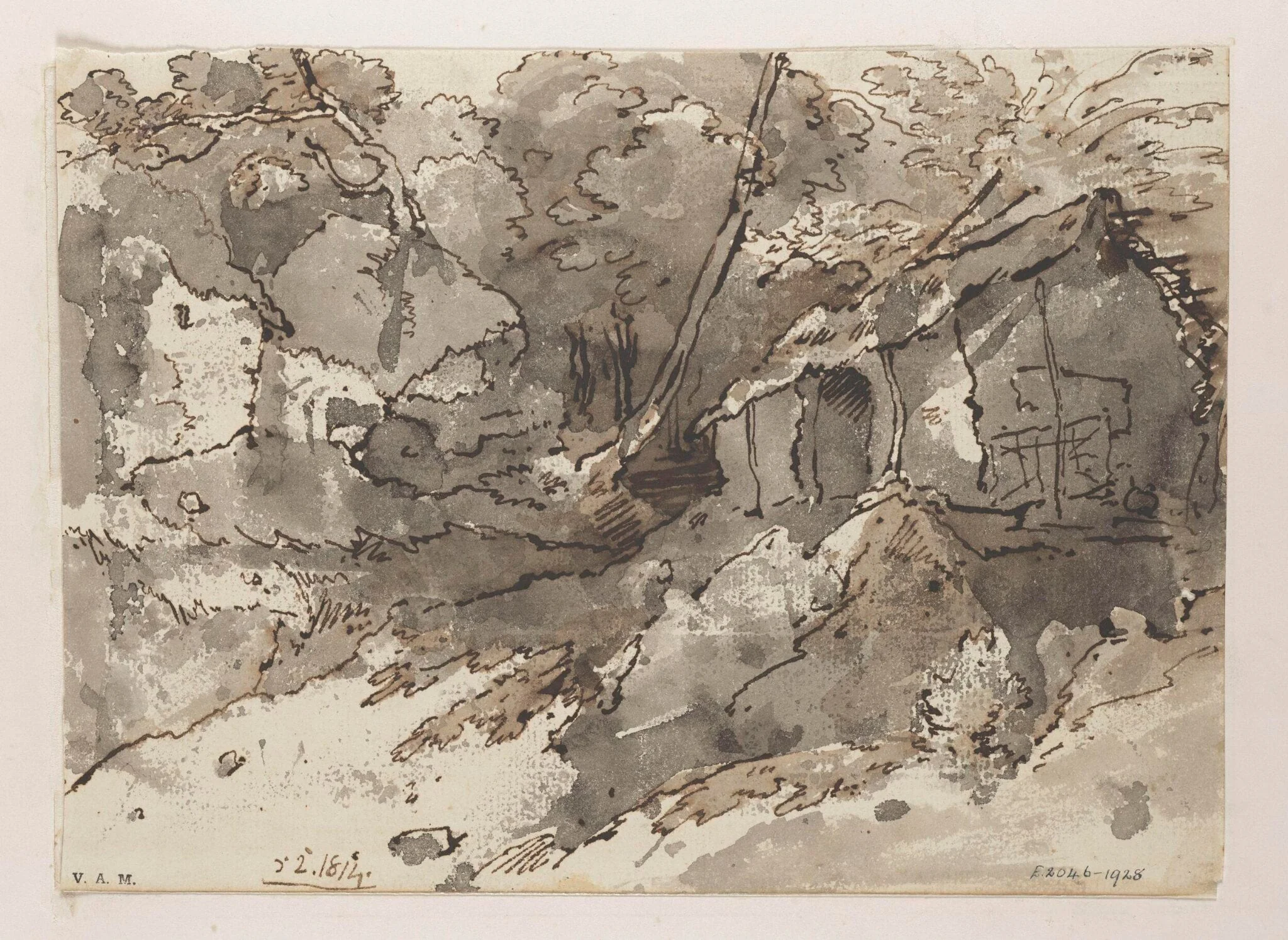 A ramshackle building amid trees and rocks, Bengal