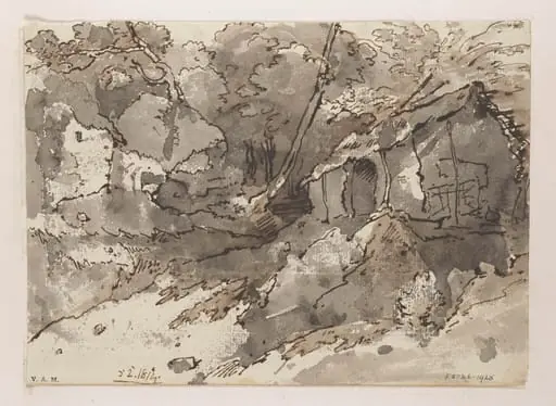 A ramshackle building amid trees and rocks, Bengal