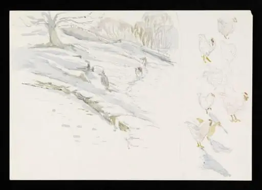 Snow scene with two cows (left) and sketches of chickens (right)