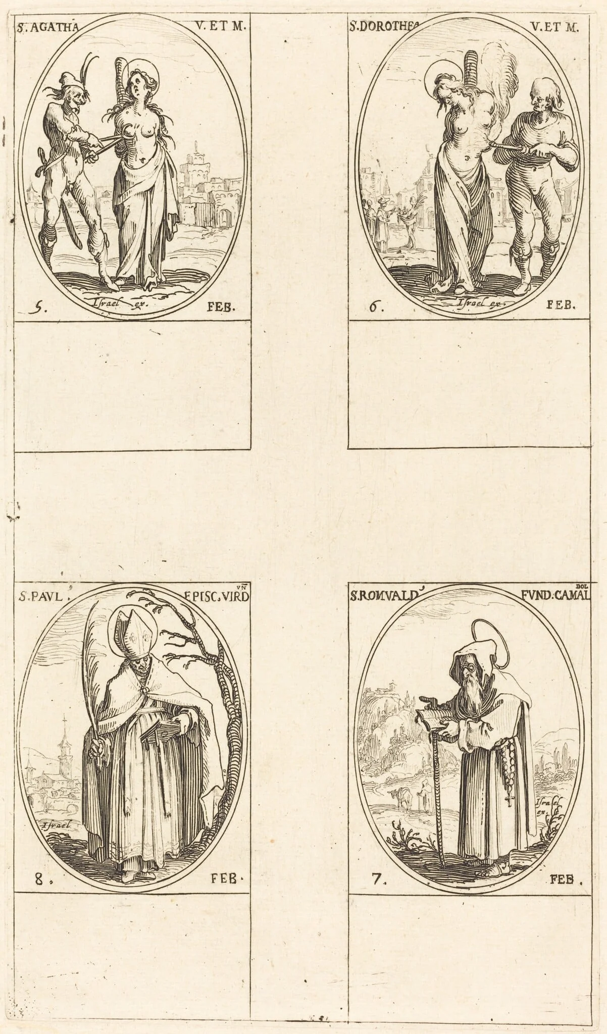 St. Agatha; St. Dorothy; St. Romuald of Ravenna; St. Paul, Bishop of Verdun, by Jacques Callot, ink, 1634
