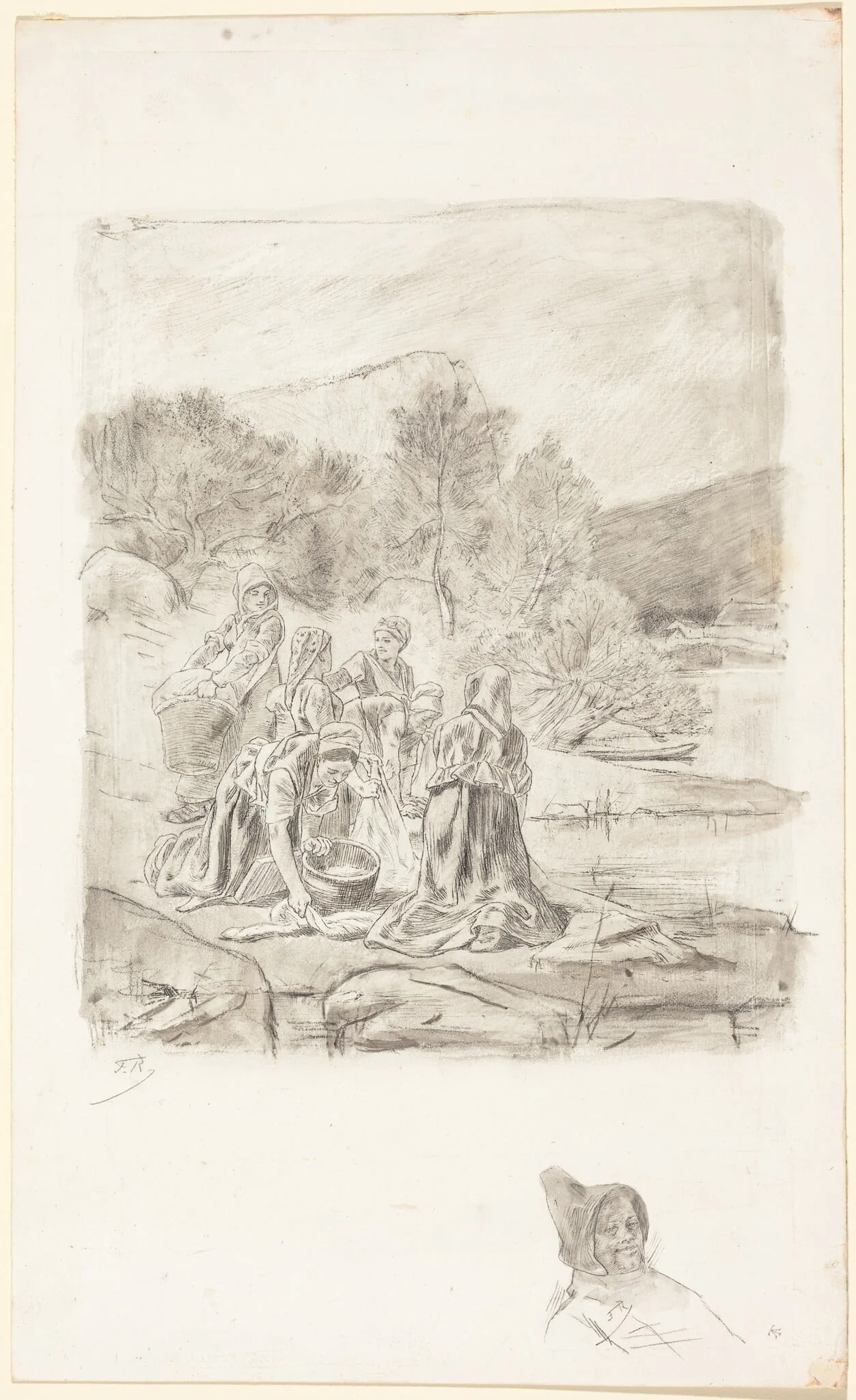 Washerwomen, by Félicien Rops, chalk, 1886