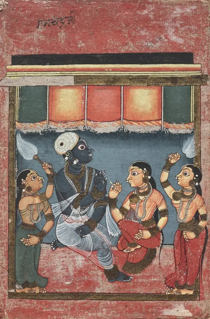 Krishna with Radha and Two Attendants (recto); Jagannath, Subhadra and Balarama in an Arch (verso)