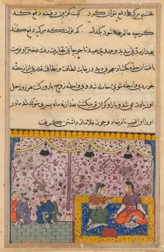 The merchant’s daughter gives birth to a son as a result of eating out of the box. The clever child recognizes the false gems from true, from a Tuti-nama (Tales of a Parrot): Twenty-third Night