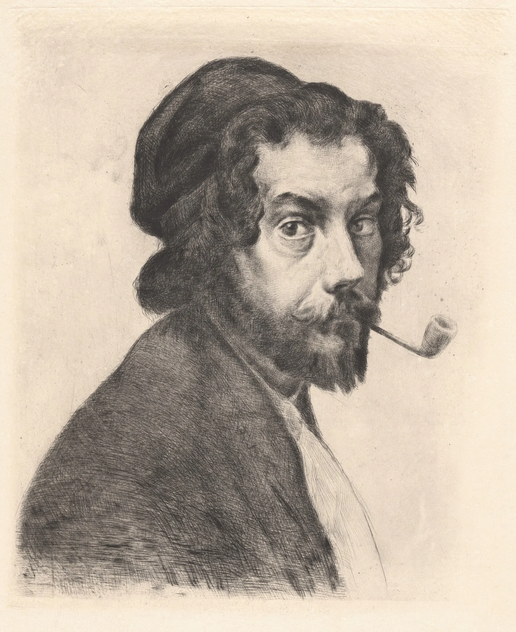 Self-Portrait wih Pipe, by Marcellin-Gilbert Desboutin, ink, 1879