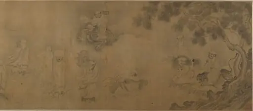 明 /清  佚名   李公麟 偽款   龍王請齋圖   卷|Buddhist luohans crossing the sea to the palace of the dragon king