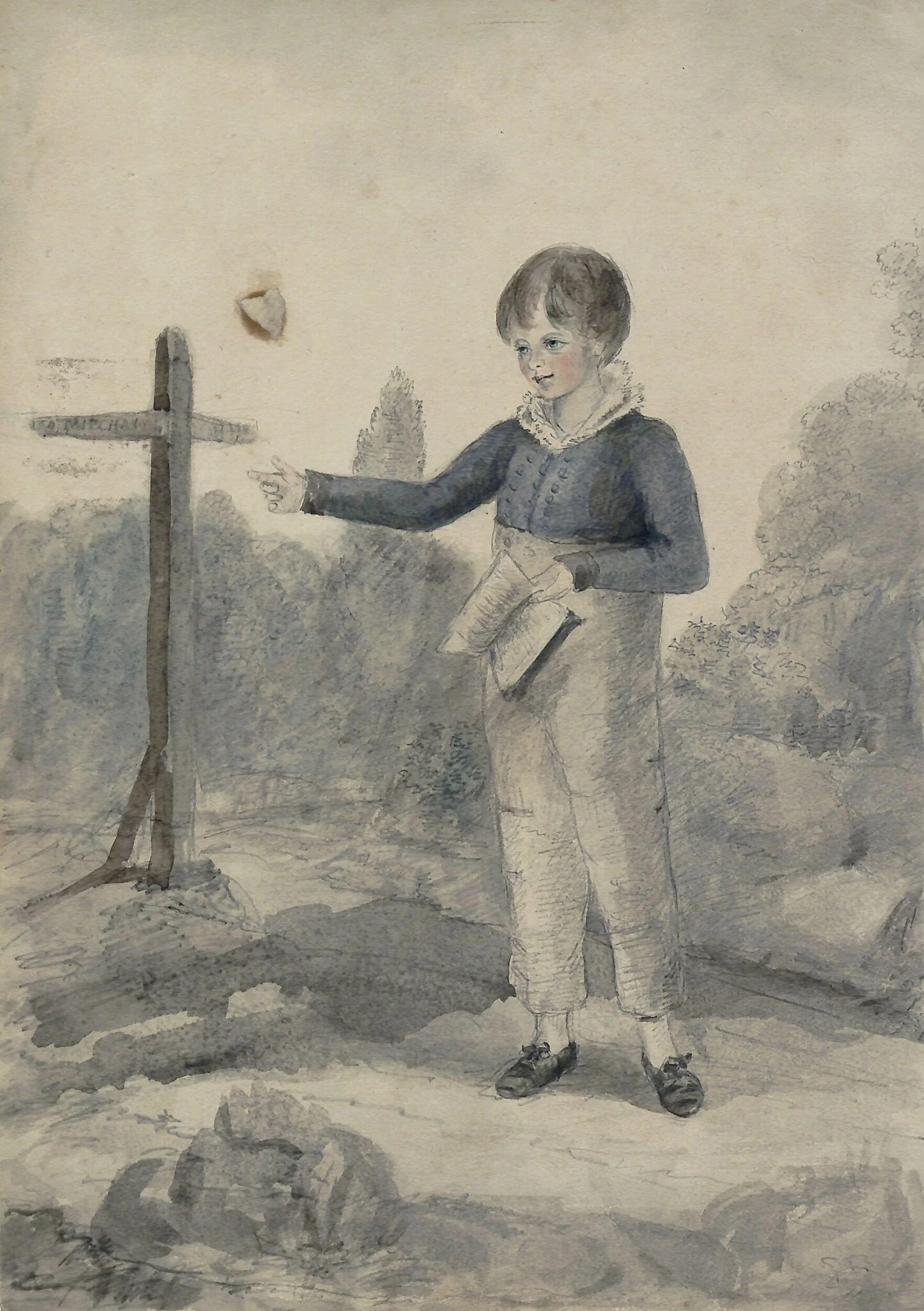 Boy with a book on a country lane, by Louisa, Marchioness of WATERFORD, watercolor, 1850