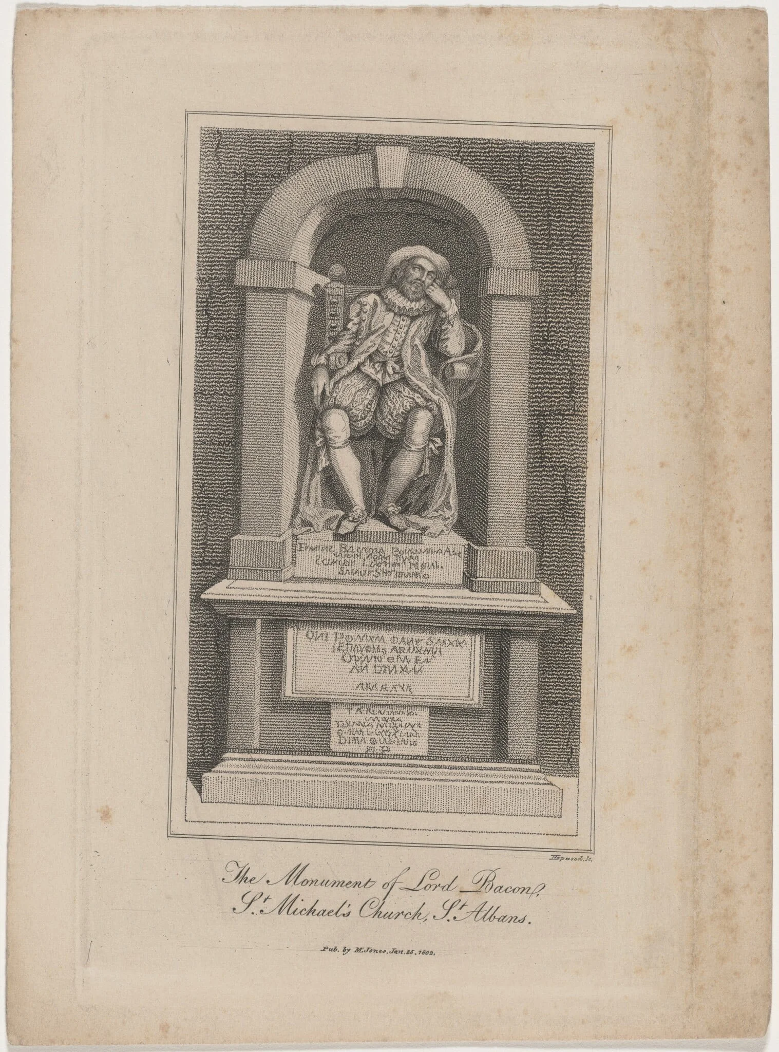 The Monument of Lord Bacon, Saint Michael's Church, by James Hopwood I, ink, 1786