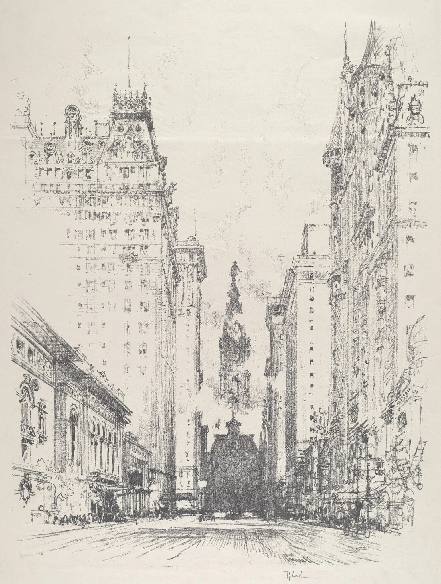 Looking up Broad Street from Spruce Street, by Joseph Pennell, ink, 1912