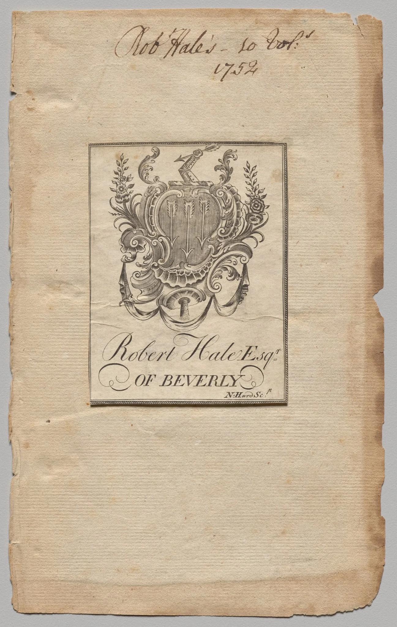 Bookplate:  Coat of Arms with Robert Hale, Esq. inscribed, by Nathaniel Hurd, 1764