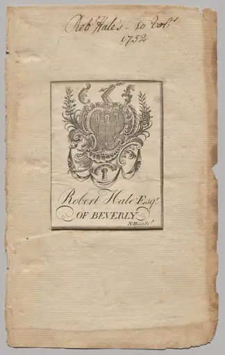Bookplate:  Coat of Arms with Robert Hale, Esq. inscribed
