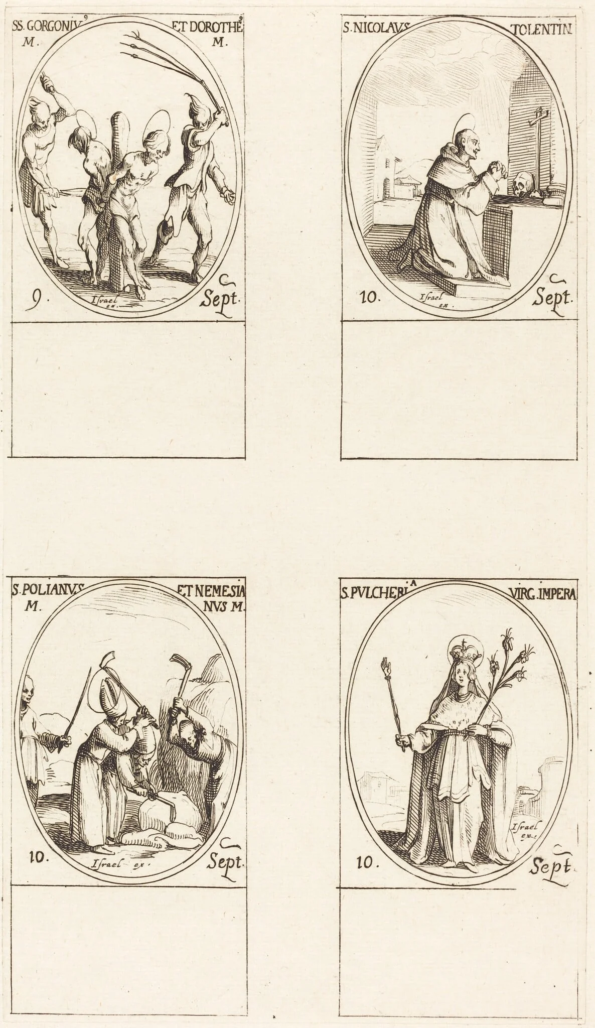 Sts. Gorgonius & Dorothy; St. Nicholas of Tolentino; St. Polianus & Nemesian; St. Pulcheria, by Jacques Callot, ink, 1634
