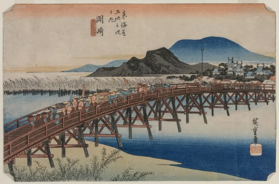 Yahagi Bridge at Okazaki (Station 39),  From the series Fifty-Three Stations of the Tokaido, by Utagawa Hiroshige, 1833
