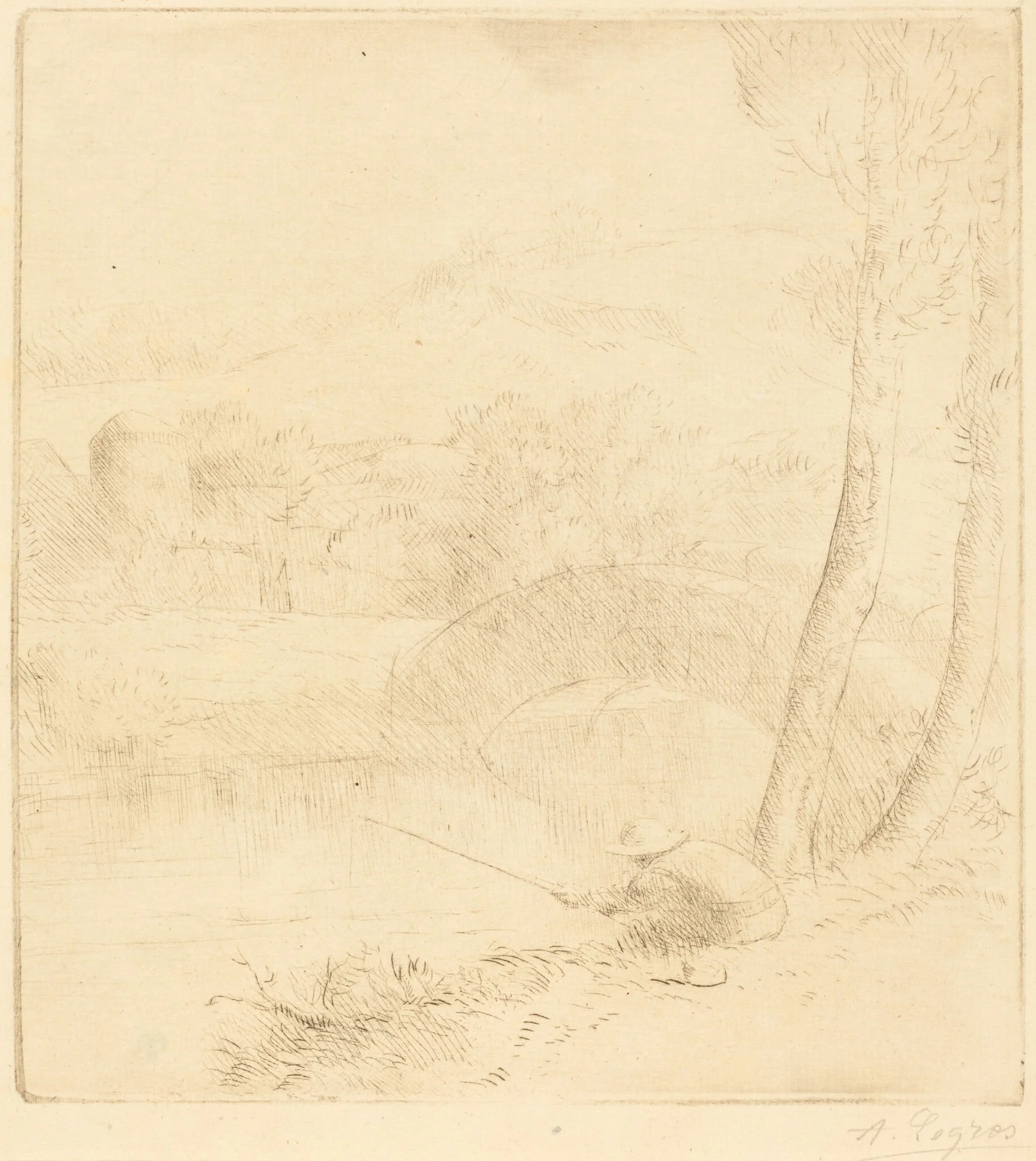 Little Angler (Le petit pecheur a la ligne), by Alphonse Legros, ink, 1874