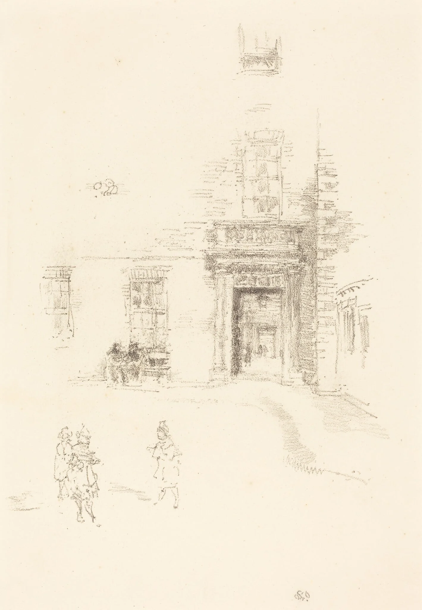 Courtyard, Chelsea Hospital, by James McNeill Whistler, ink, 1888