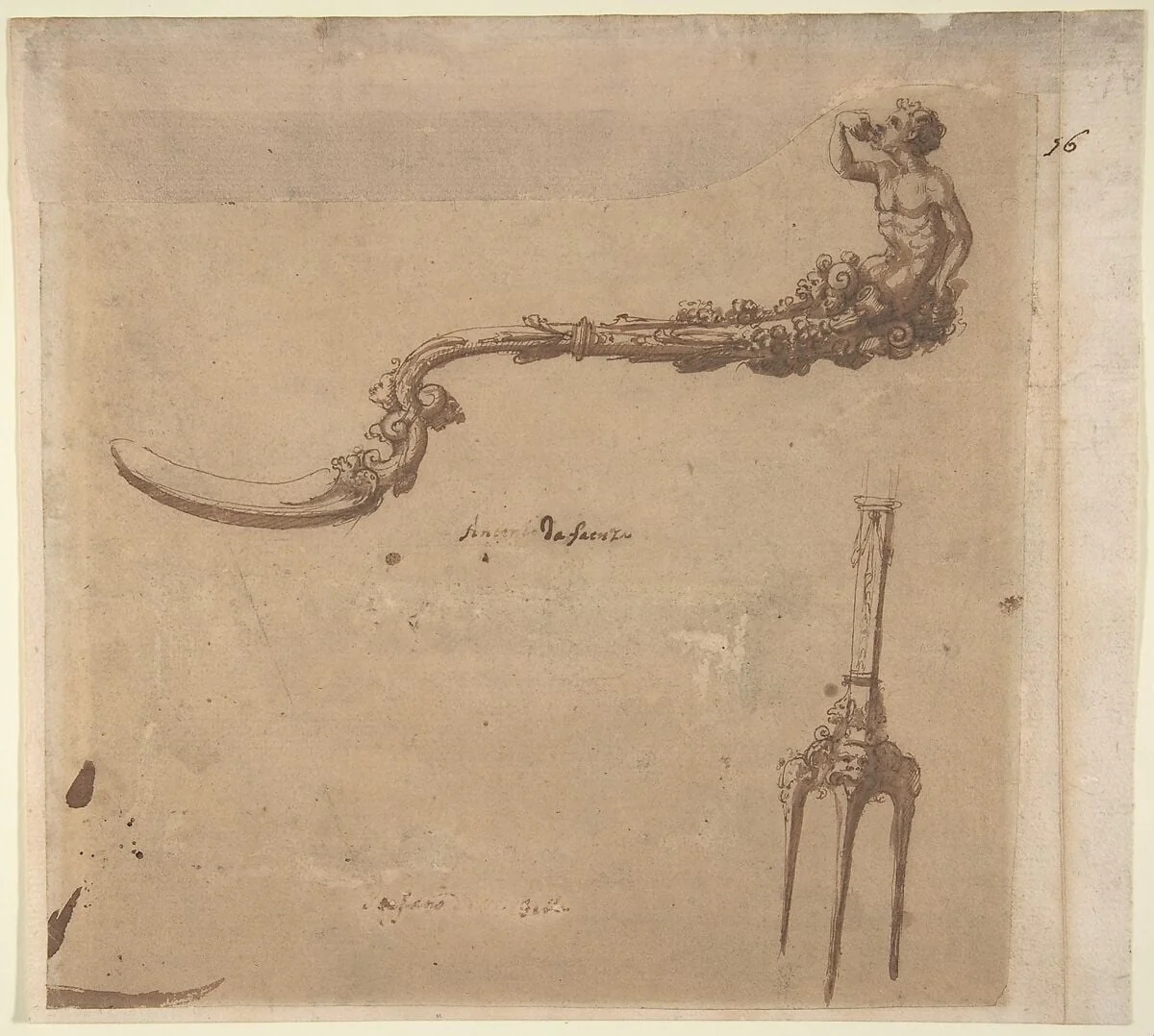Drawing (design for fork and spoon), by Antonio Gentili (Antonio da Faenza)|Stefano della Bella, ink, 1580