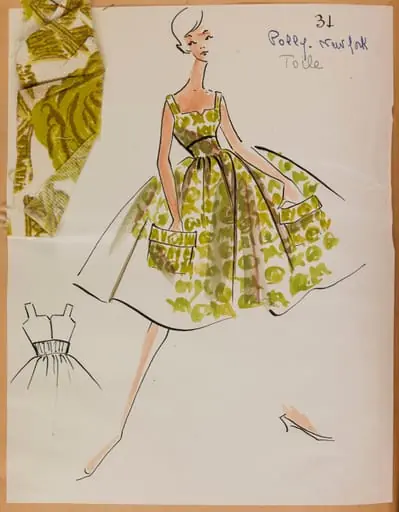 Robe à bretelles à motif vert avec deux grandes poches sur le devant de la jupe