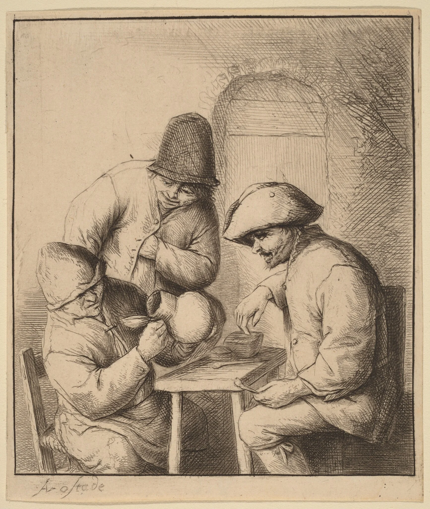 Three Peasants at an Inn, One Looking Down a Jug, by Adriaen van Ostade, ink, 1648