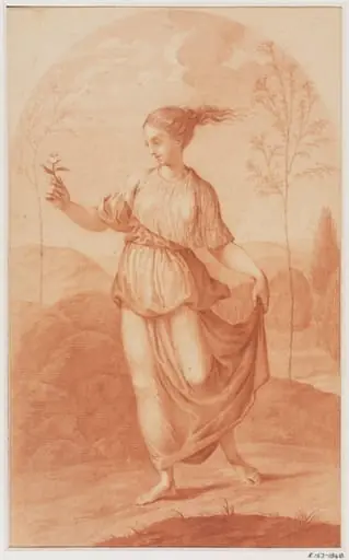 A young woman walking bare-footed in a landscape, carrying a flower in her right hand and raising her skirts from the ground with her left hand.