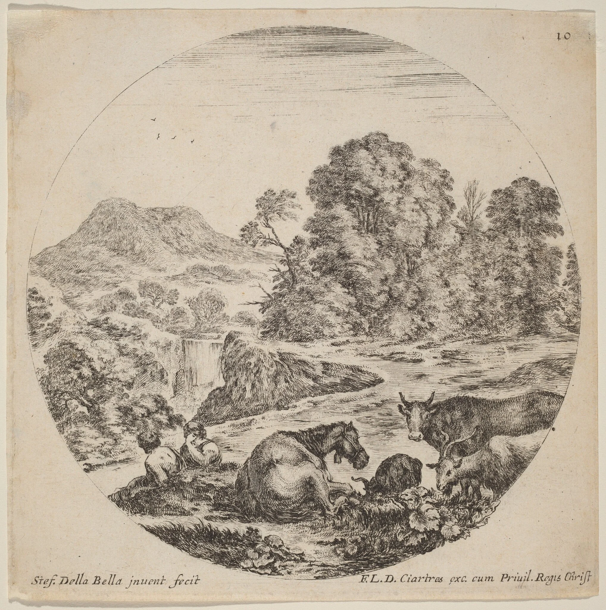 Landscape with Animals and Two Seated Shepherds, by Stefano Della Bella, ink, 1646