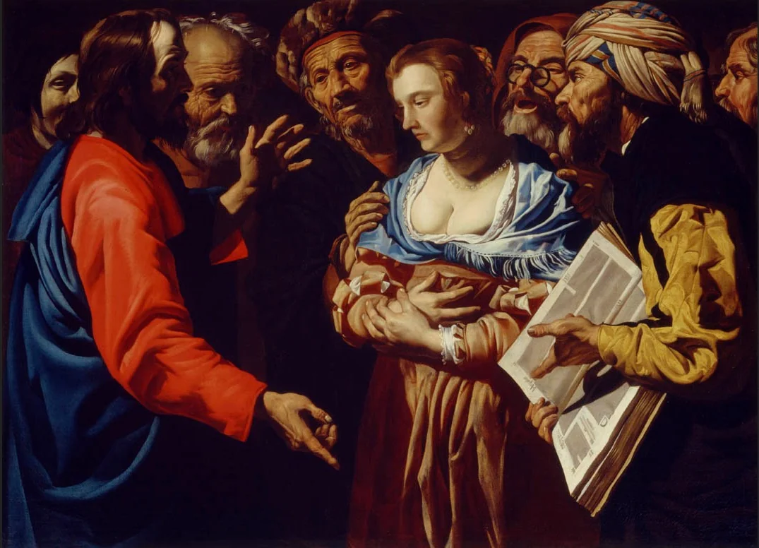 Christ and the woman taken into adultery, by Matthias Stom, oil, 1630