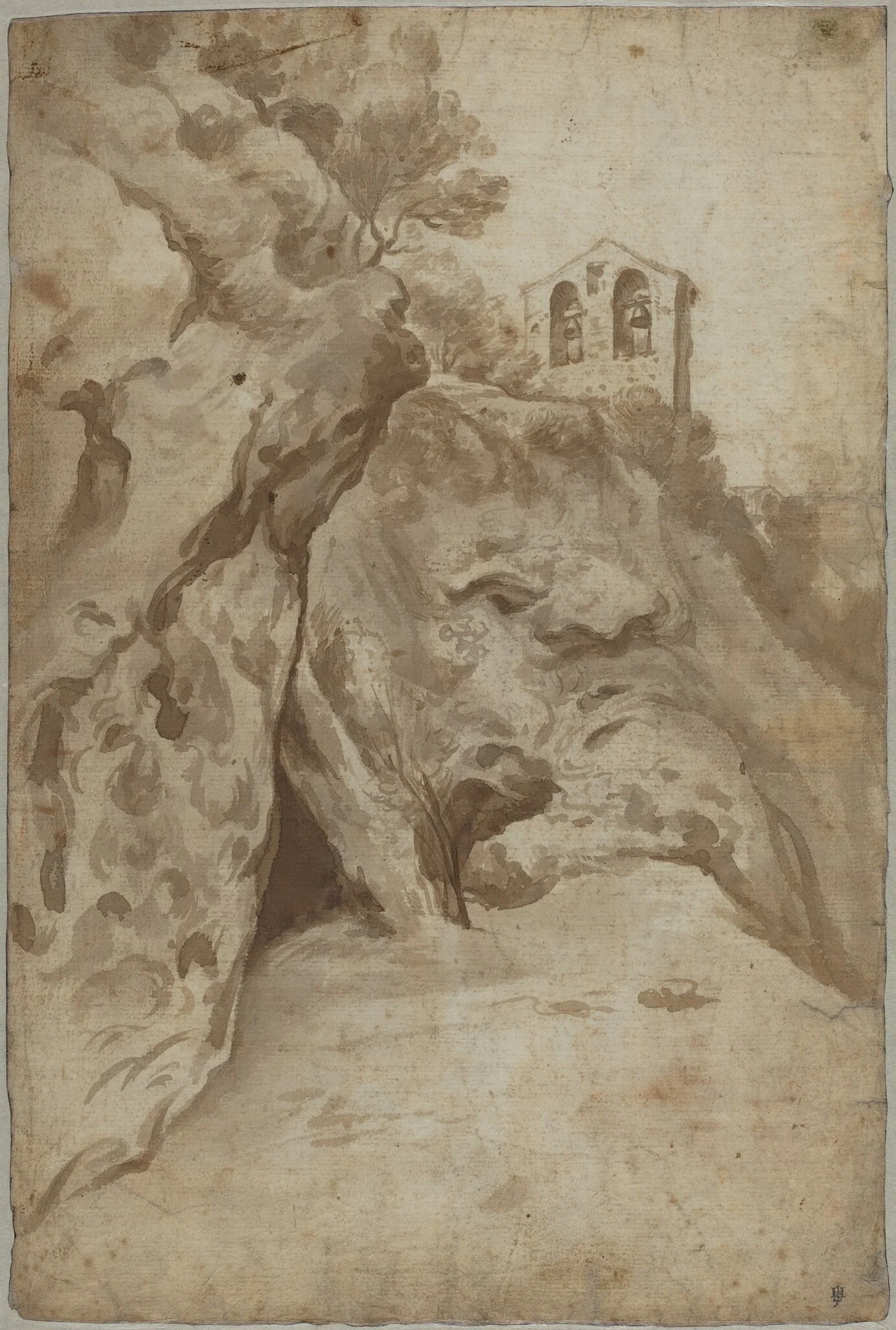Church Tower on a Hill, by Jan Asselijn, ink, 1631