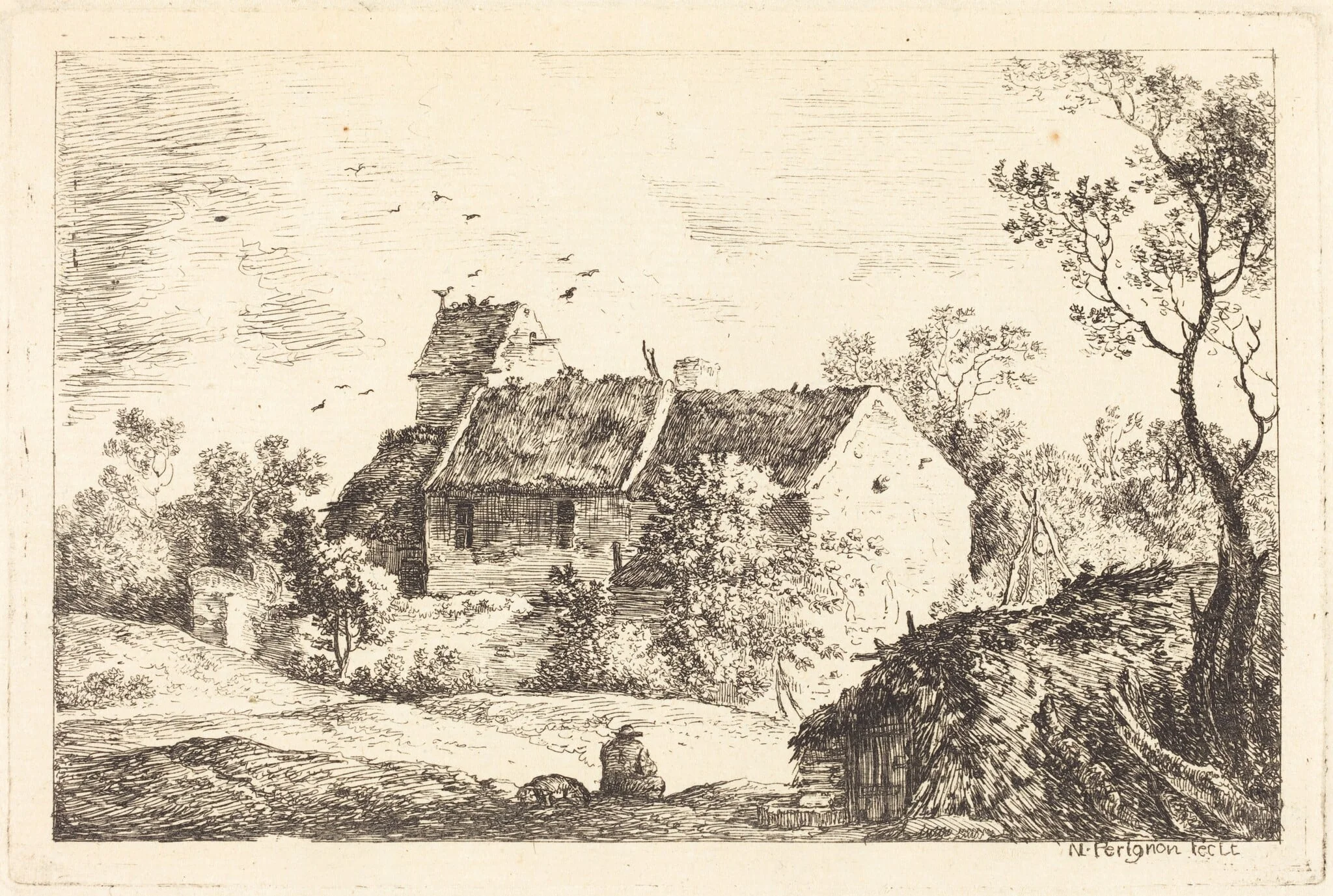 House with a Dovecote in a Rolling Landscape, by Nicolas Pérignon, ink, 1770