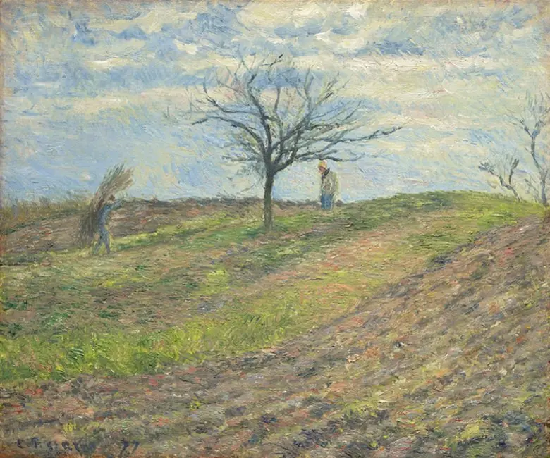 Ploughed Field in Winter with a Man Carrying a Bundle of Sticks