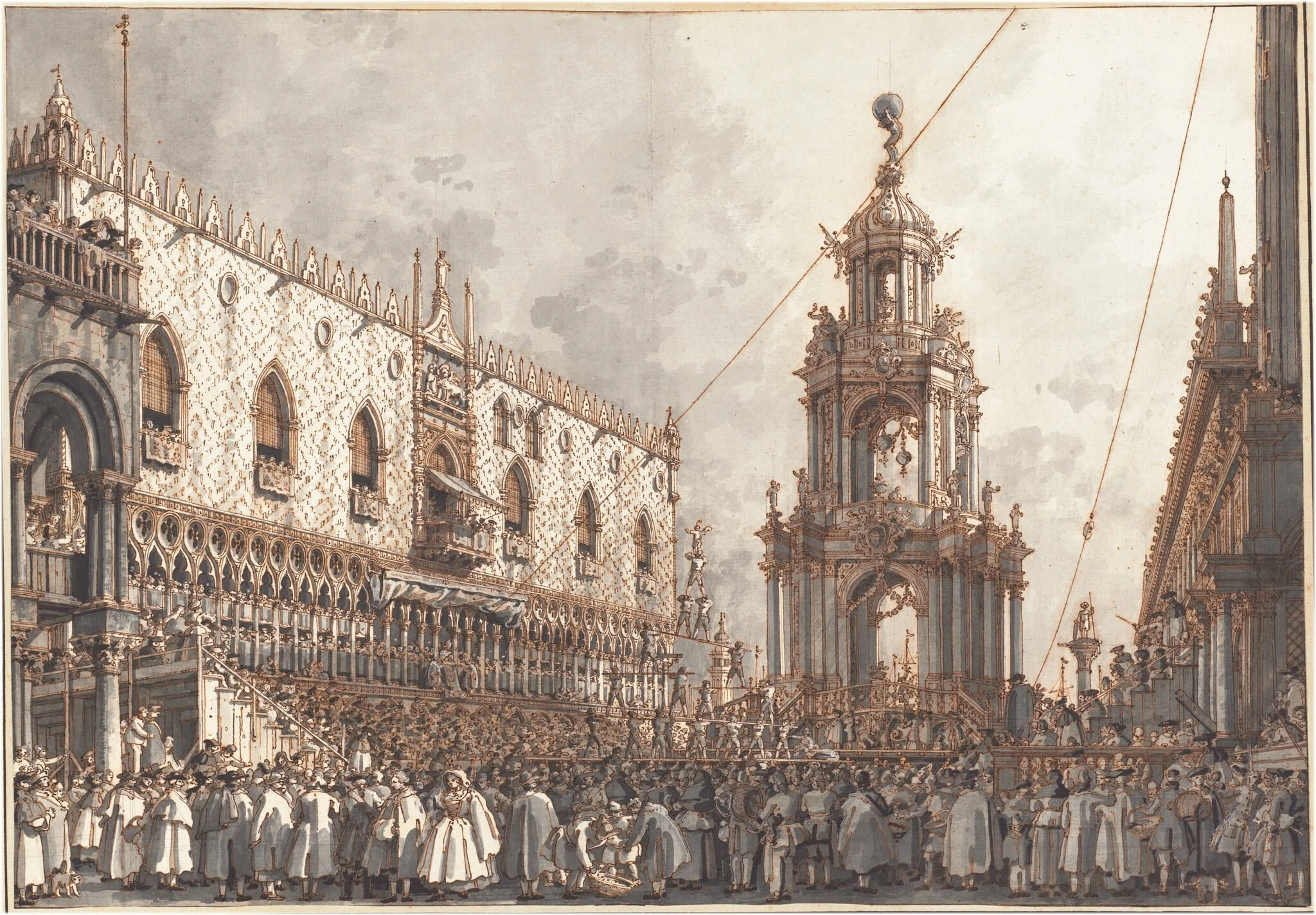 The "Giovedì Grasso" Festival before the Ducal Palace in Venice, by Canaletto, ink, 1766