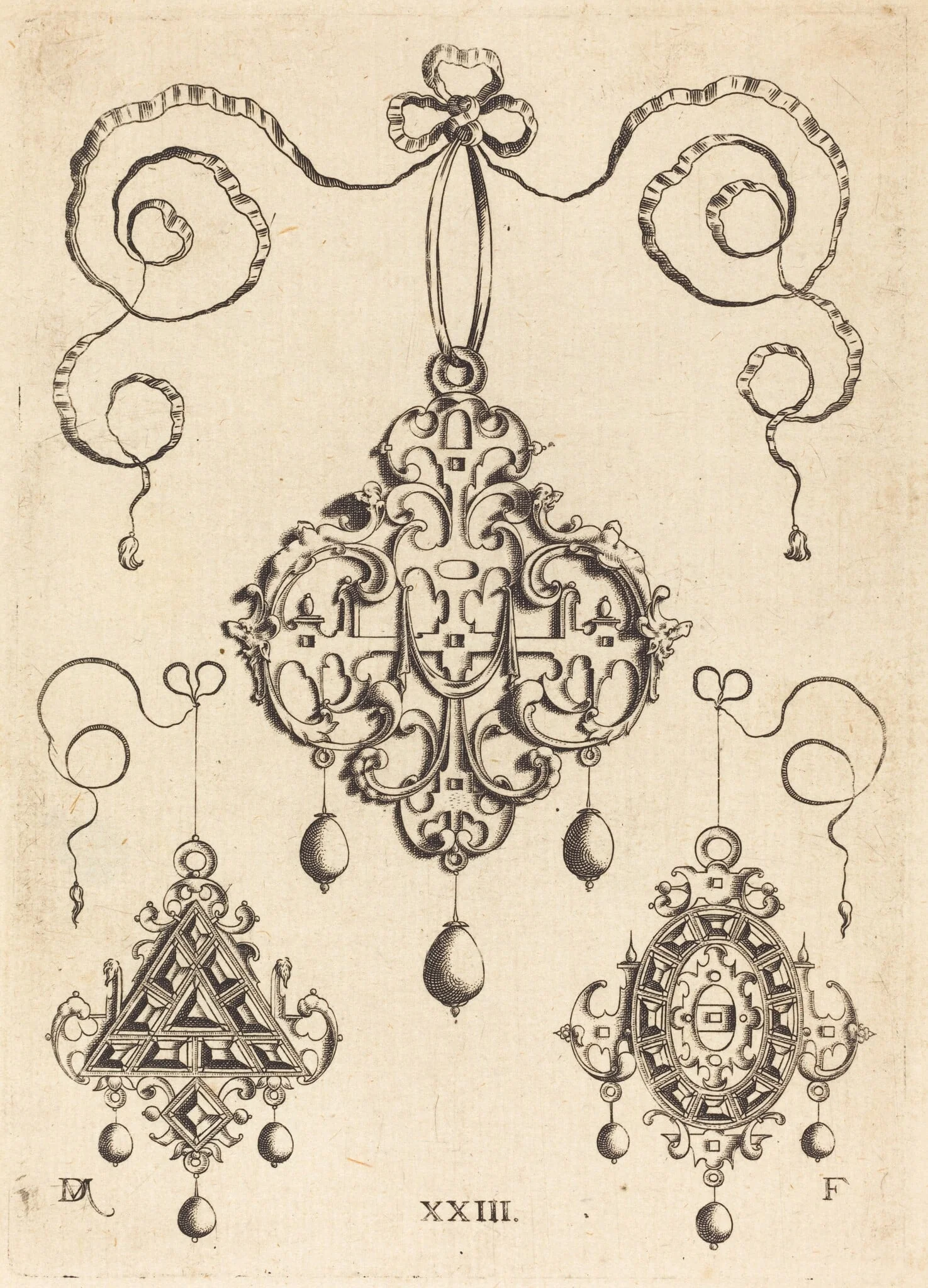 Three Strapwork Pendants, The Lower Ones Triangular and Oval, by Daniel Mignot, ink, 1584