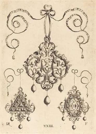 Three Strapwork Pendants, The Lower Ones Triangular and Oval