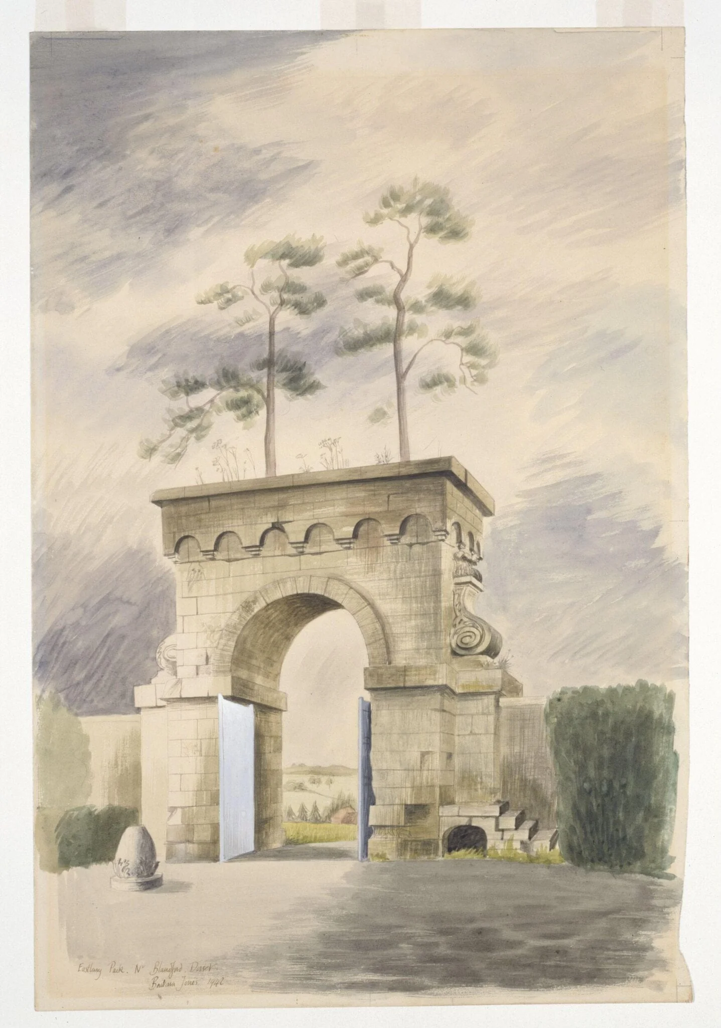 Gateway to Kitchen Court, Eastbury Park, Nr.Blandford, by Hind, watercolor, 1942
