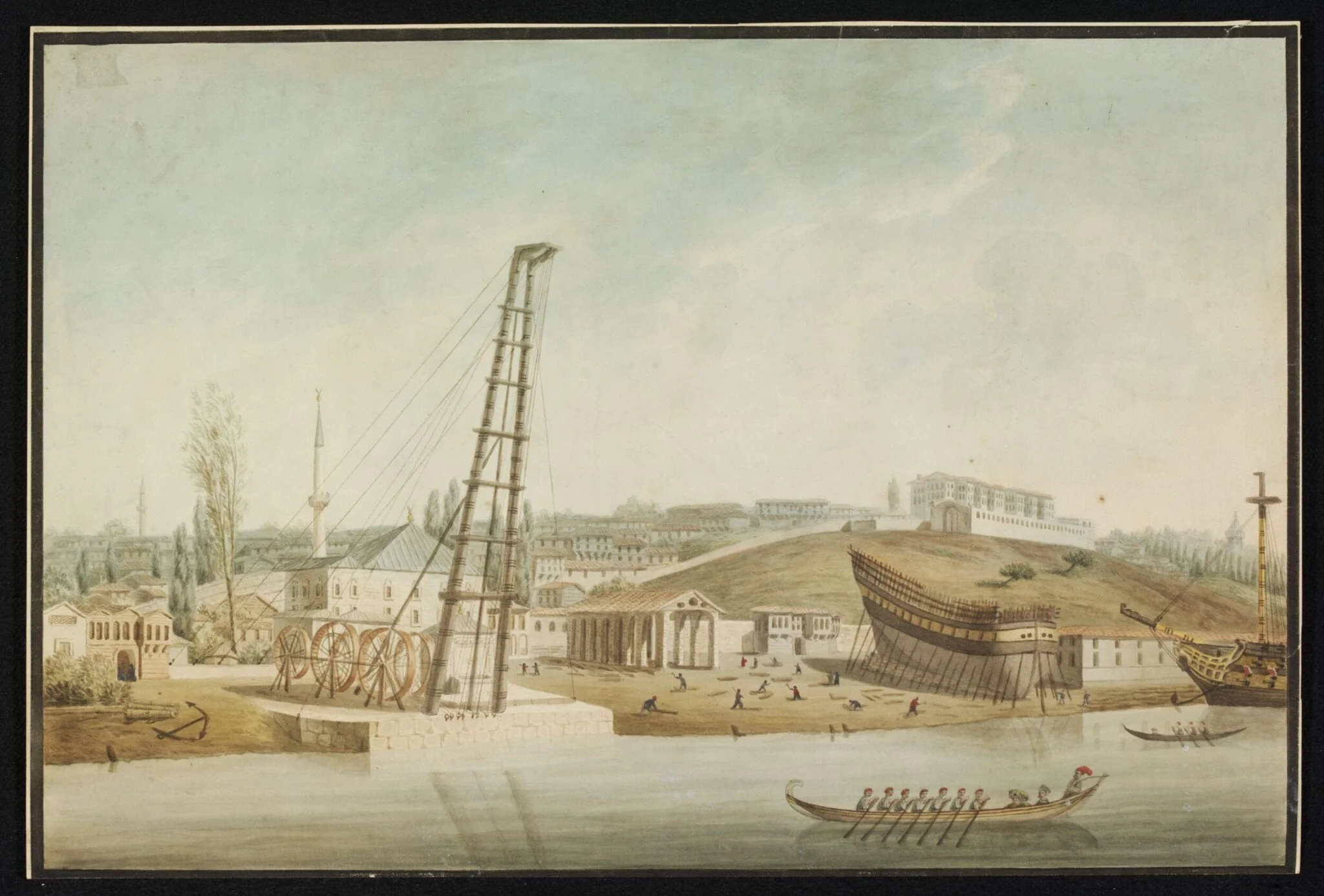 Kasim Pasa, the former Ottoman Naval Arsenal, showing a crane and a ship under construction, by Unknown, watercolor, 1820
