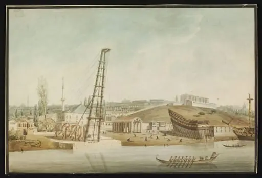 Kasim Pasa, the former Ottoman Naval Arsenal, showing a crane and a ship under construction