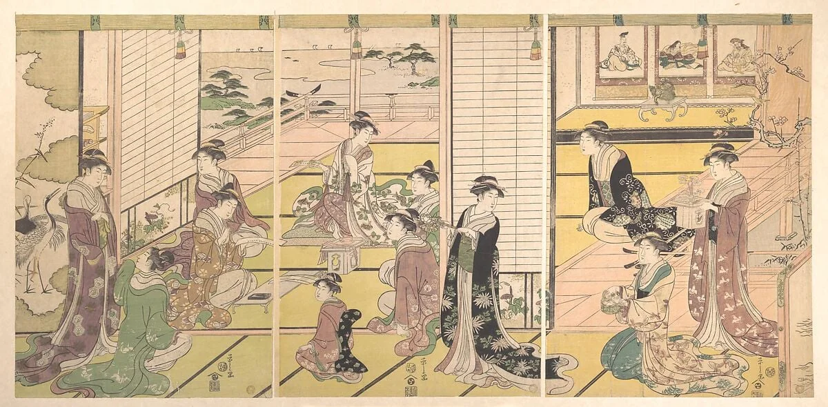 鳥文斎栄之画　和歌三神図|Honoring the Three Gods of Poetry: Women Composing Poems, by Chôbunsai Eishi, ink, 1792
