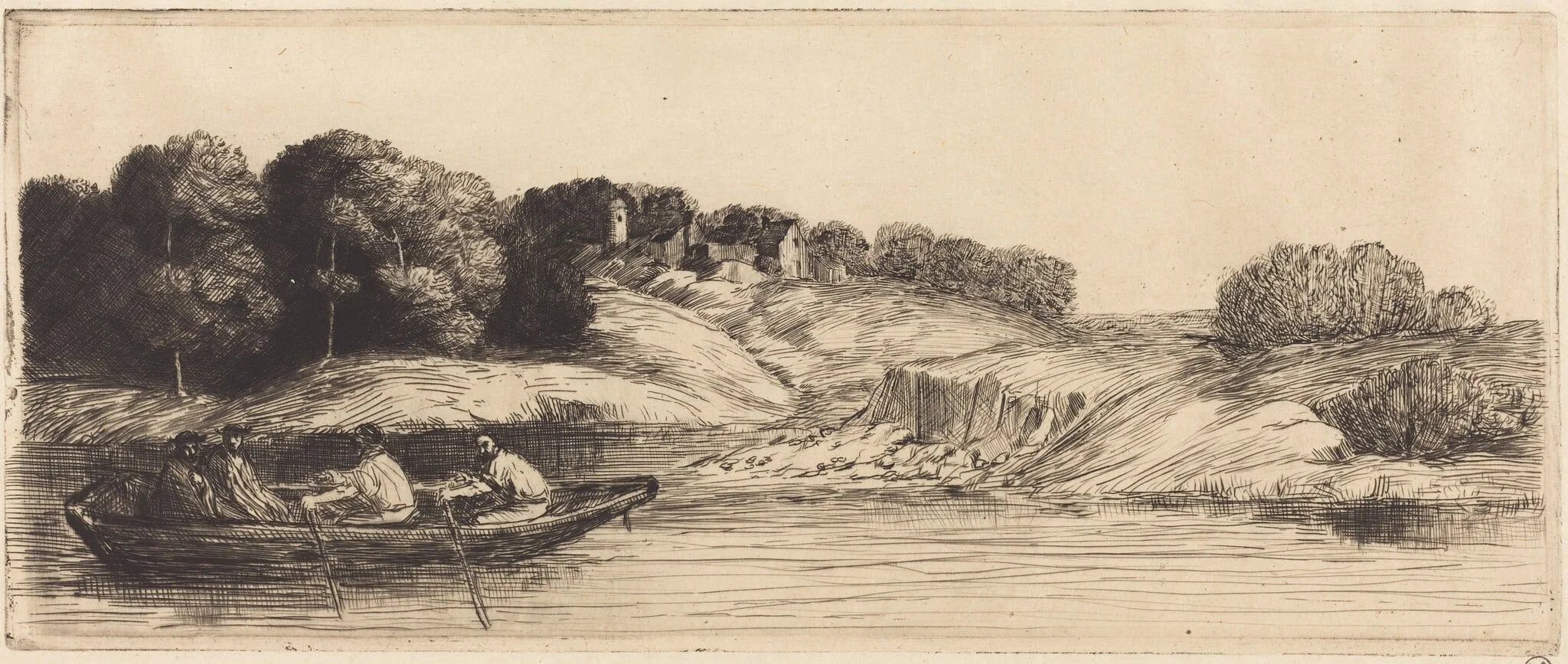 Landscape with Boat, 1st plate  (Le paysage au bateau), by Alphonse Legros, ink, 1874
