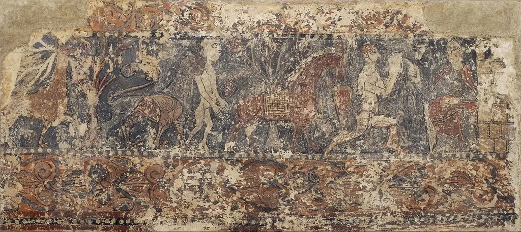 Profane paintings from Sigena: Deer eating fruit from a tree, lion holding a naked man and dismounted knight kneeling before a lady on a throne