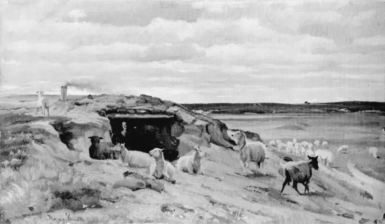 Fåreflok foran en jordhule med folk, by Unknown, 1850