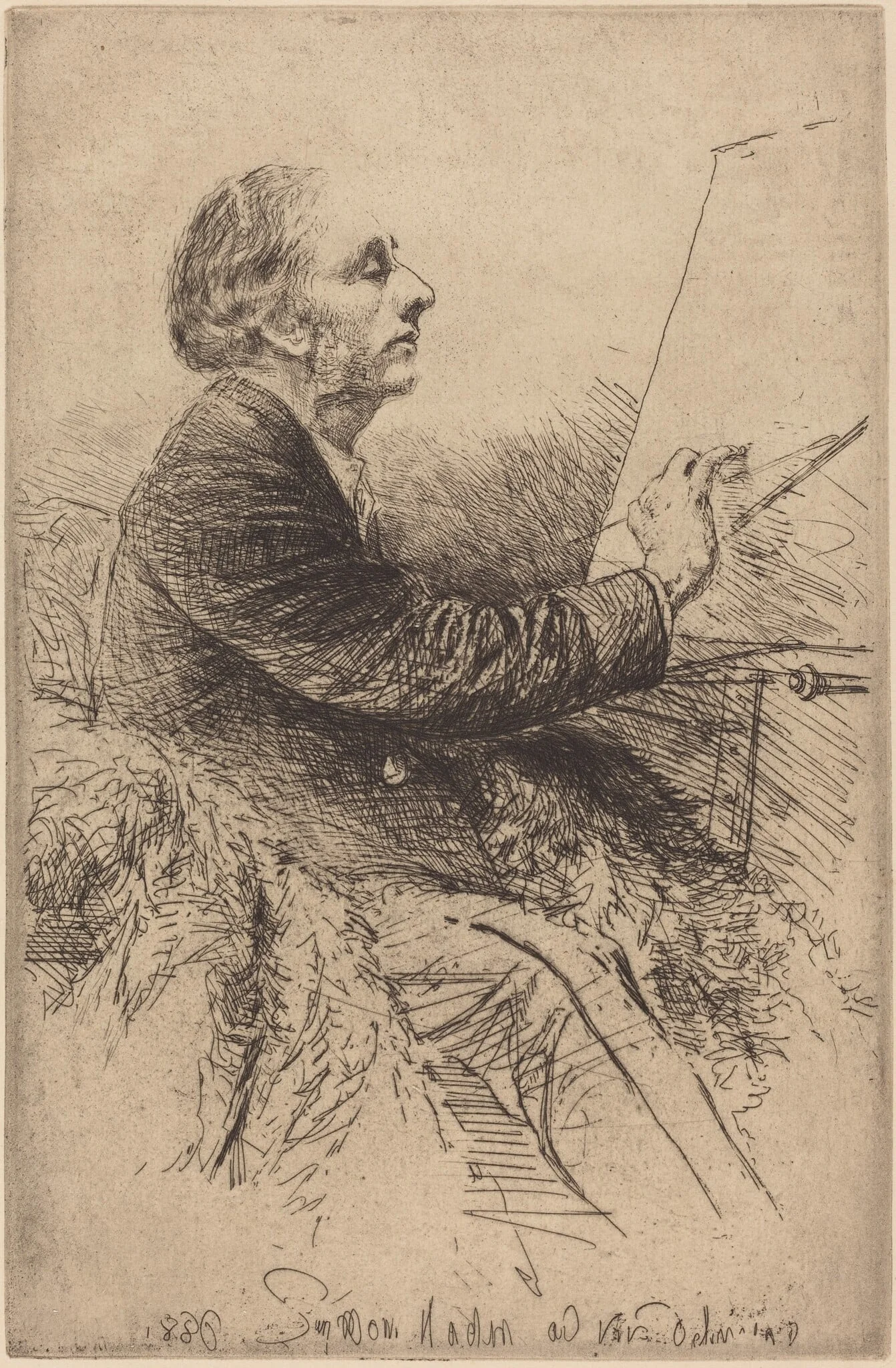 Self-Portrait at the Easel, by Francis Seymour Haden, ink, 1880
