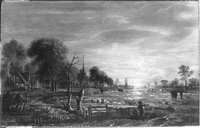 Sunset over a cattle meadow