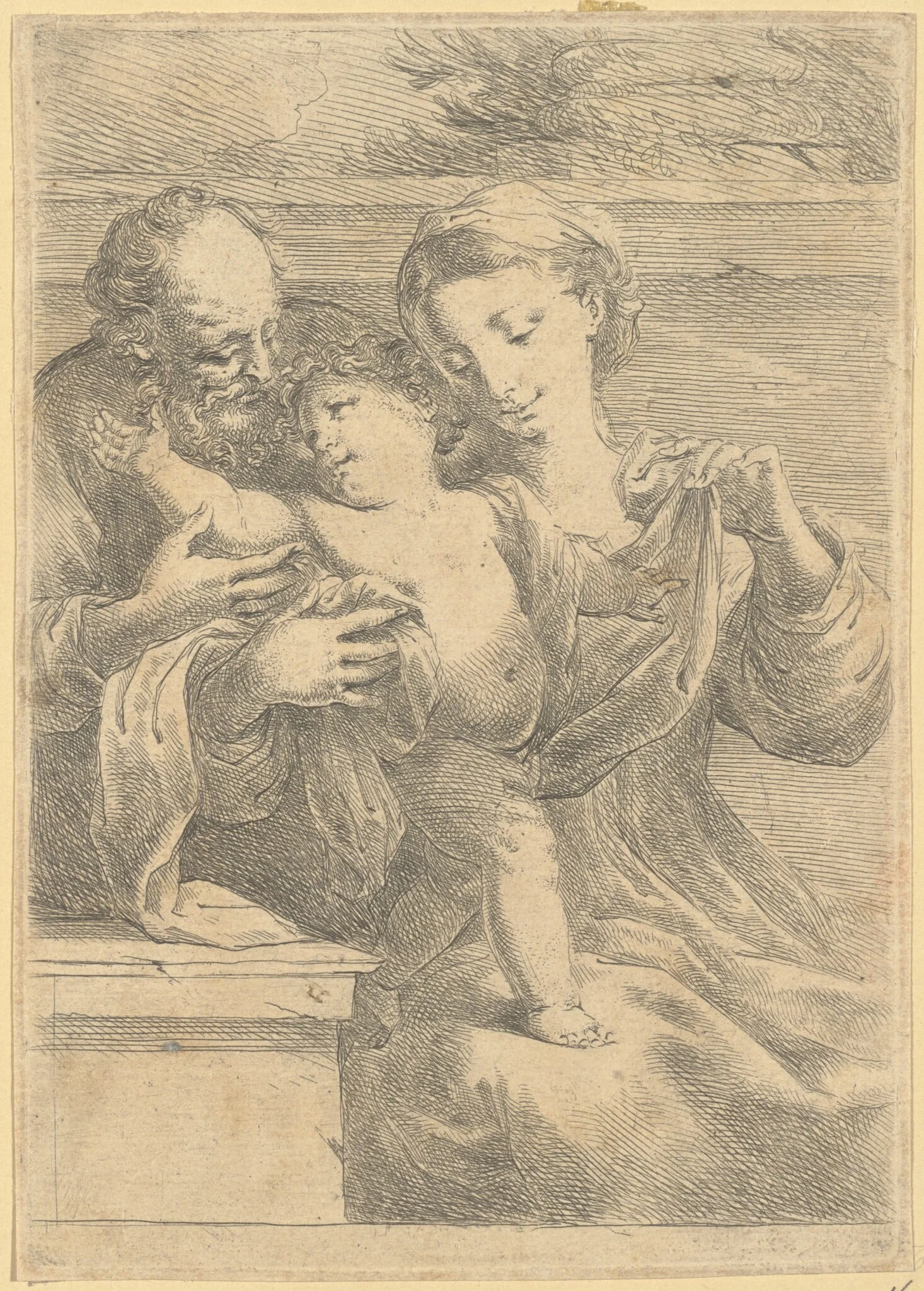 The Holy Family, by Bartolomeo Biscaino, ink, 1654