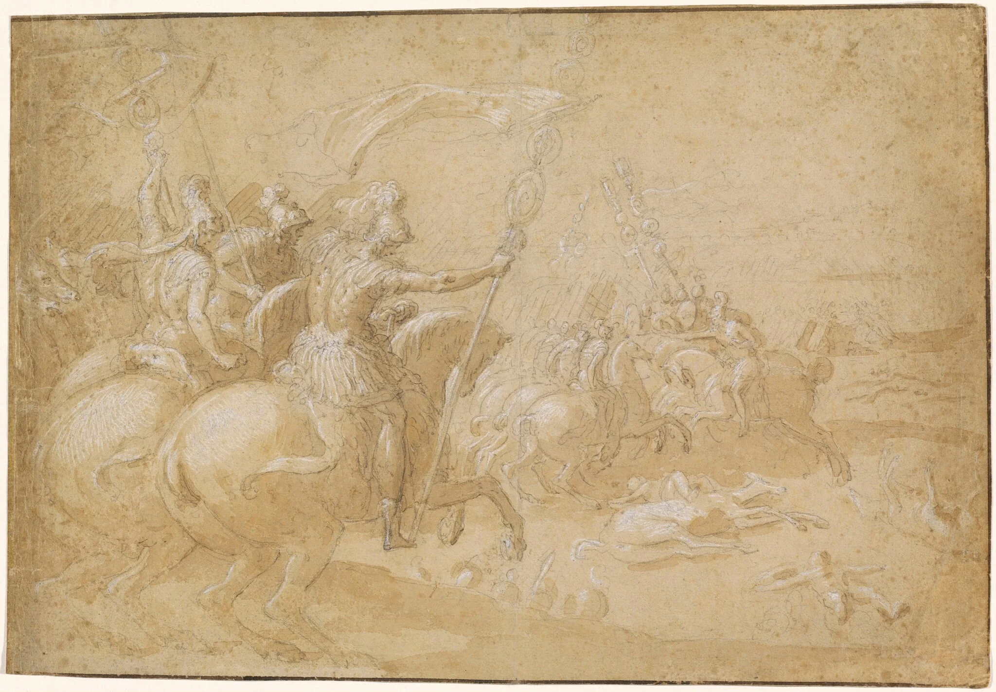 Ancient Roman Warriors Riding into Battle, by Antoine Caron, chalk, 1597