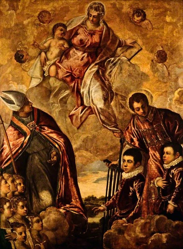 A Venetian Family Presented to the Virgin by Saint Lawrence and a Bishop Saint, by Jacopo Tintoretto, oil, 1590