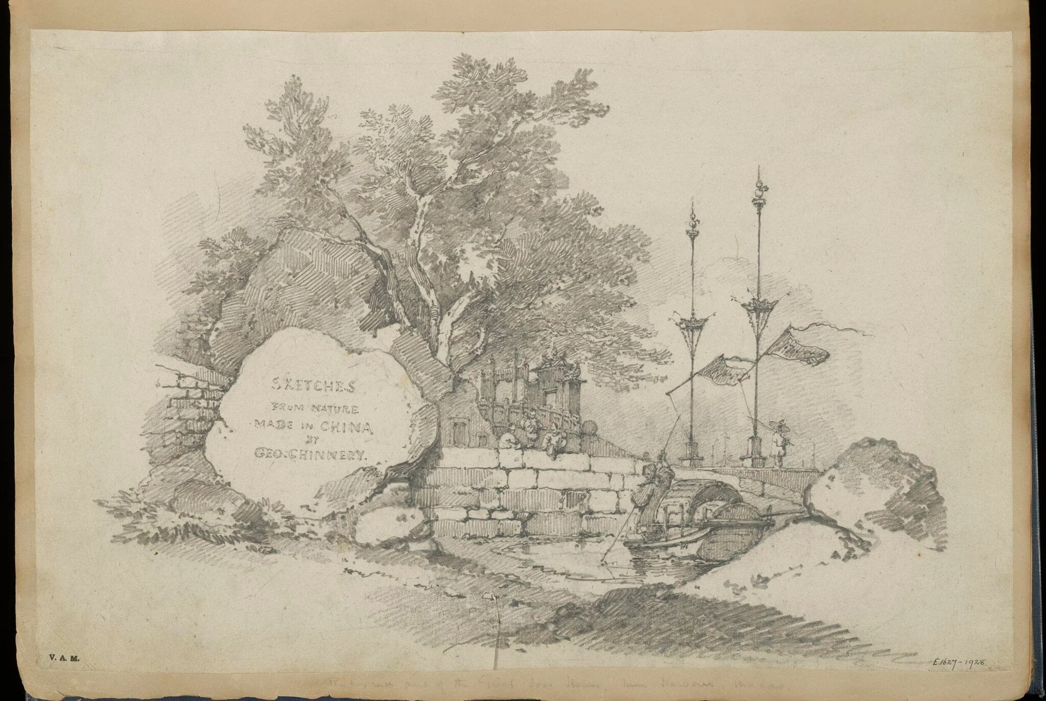 Vignette of the A-Ma Temple, Macau, for a titlepage inscribed 'Sketches from Nature made in China by Geo. Chinnery', by George Chinnery, 19