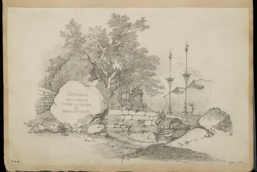 Vignette of the A-Ma Temple, Macau, for a titlepage inscribed 'Sketches from Nature made in China by Geo. Chinnery'