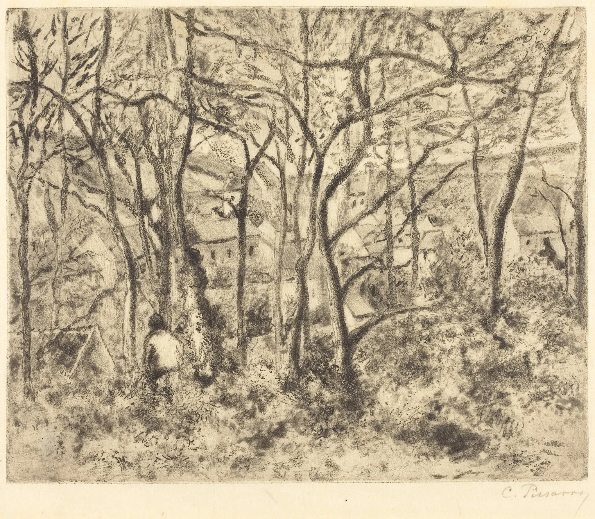 Wooded Landscape at L'Hermitage, Pontoise (Paysage sous bois, a L'Hermitage, Pontoise), by Camille Pissarro, ink, 1879